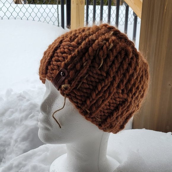 Hand Knitted Wool Ponytail Hat , One Size, cinnamon color - Picture 3 of 7